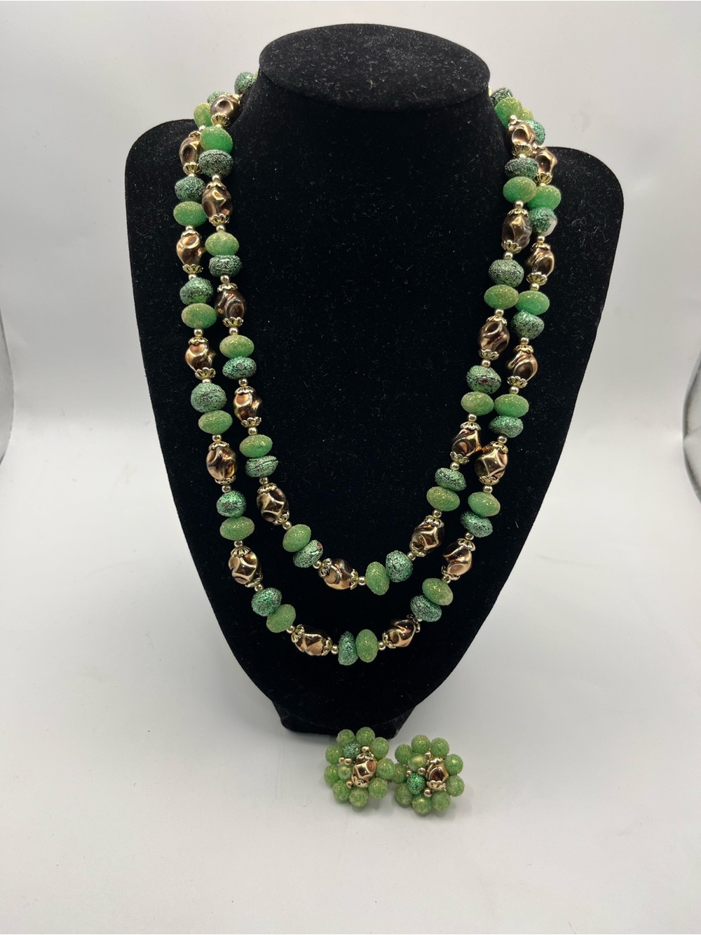 VINTAGE JapanGreen and Gold Beaded Double Strand Necklace with Matching Earrings